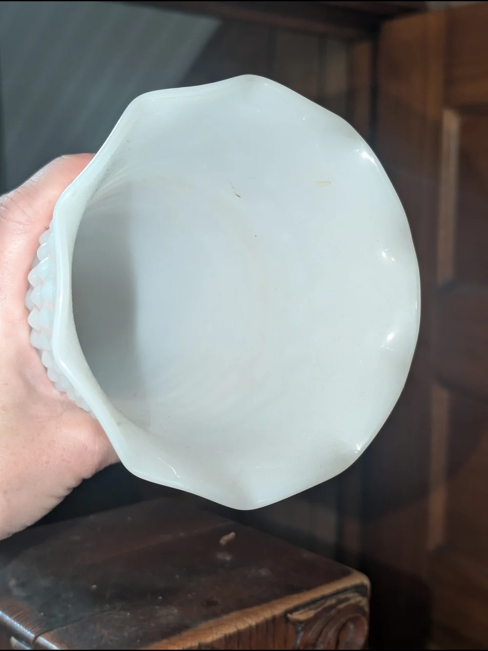 Vintage White Milk Glass Hob Nail Vase Hobnail Tall Scalloped Footed 9.5” Anchor